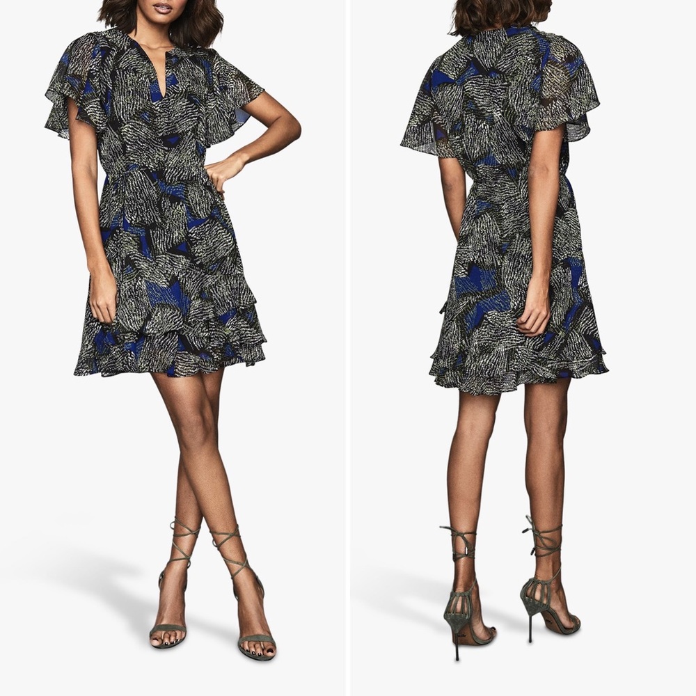 REISS Sophie Chiffon Mini Dress Green Jungle Print Green  Size 0 - Picture 2 of 12